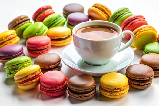 Macaroons and coffee on white background photo