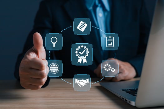 ISO certification, Standards, Guarantee, and standardization concept. person's hand thumbs up and show the sign of the top service best quality. photo