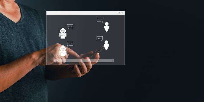 man use software command prompt service AI chat. Artificial Intelligence technology disruption concept. smart robot AI generates digital assets. using AI for data analysis support in the business. photo