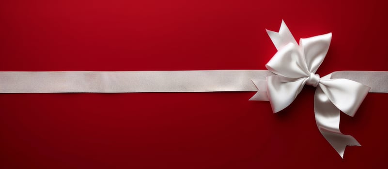 White Satin Bow on Red Background With Silver Ribbon photo
