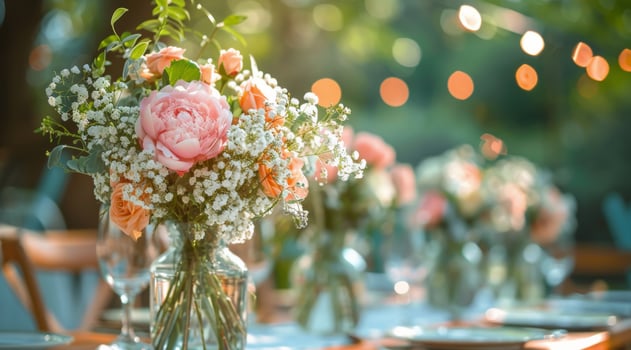 Pink Flower Centerpieces With String Lights at an Outdoor Wedding Reception photo