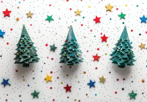 Small Green Christmas Trees and Colorful Stars on White Background photo