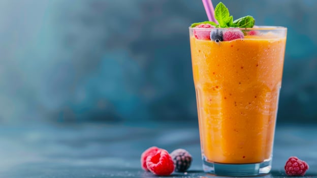 orange mango smoothie against dark blue background photo