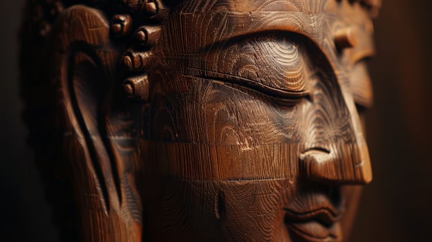 Close Up of a Wooden Statue of a Persons Head photo