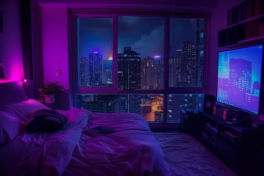 a bedroom with a lofi theme and a large window with the city at night photo