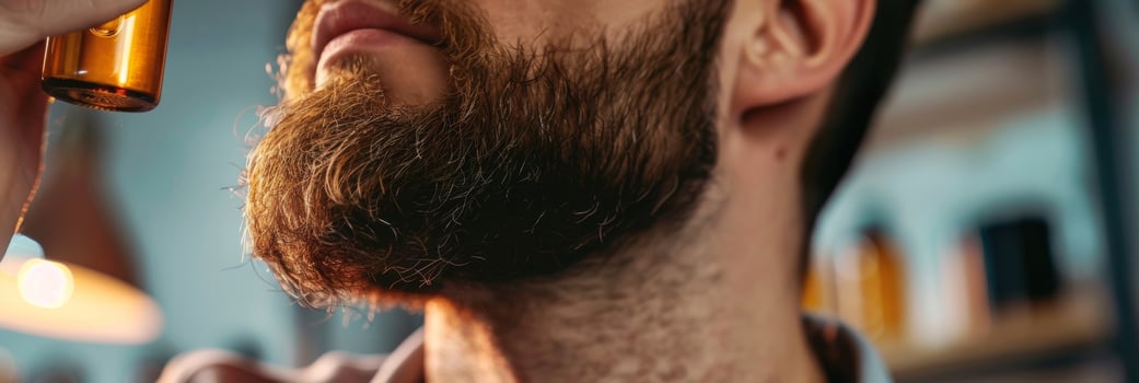 A mans hand gently massaging avocado oil into his beard leaving it soft and nourished photo