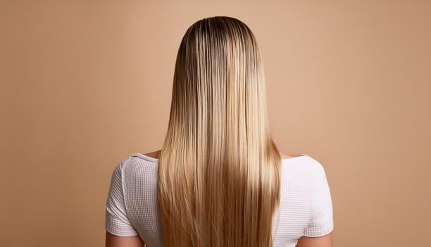 Young woman applying hair mask on beige background, back view photo
