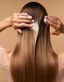 Young woman applying hair mask on beige background, back view photo