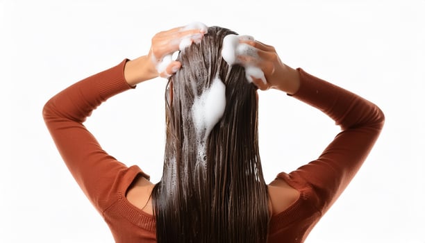 Young woman applying hair shampoo on white background, back view. photo