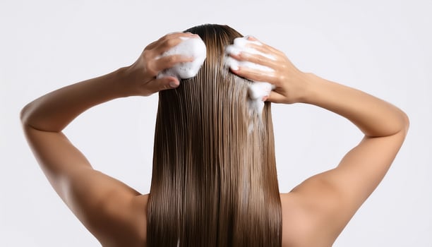 Young woman applying hair shampoo on white background, back view. photo
