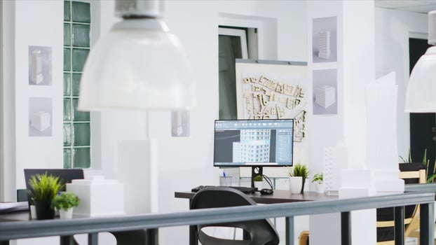 Empty manufacturing desk at creative agency office, coworking space filled with architectural designing tools and programs. Industrial development plans and blueprints, engineering place. photo