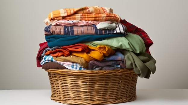 Colorful clothes in a laundry basket. Neural network photo