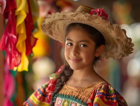 Woman wearing a colorful multicolored dress celebrating Hispanic Heritage Month. photo