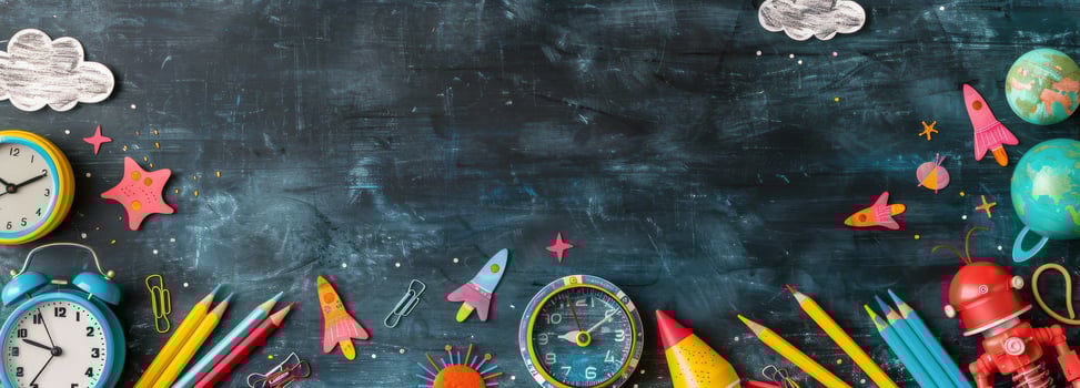 Colorful School Supplies Arranged on Black Chalkboard Background photo