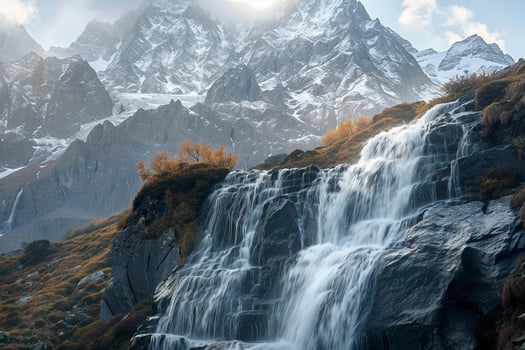 Waterfall flowing over a mountain background photo