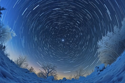 Star Trail Seen in the Sky Above a Snowy Forest Background photo