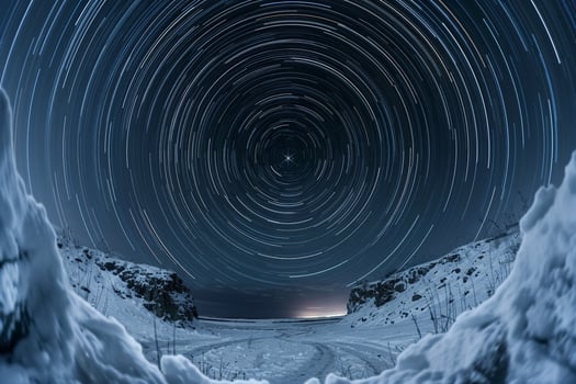 Star Trails Over a Snowy Road Background photo