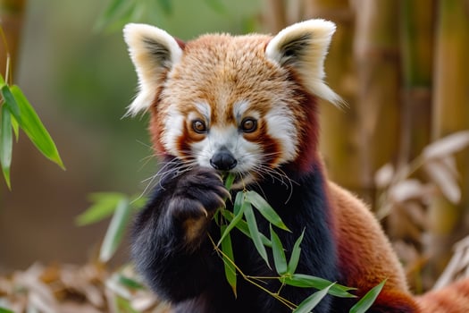 Red Panda Eating Bamboo in Forest Background photo