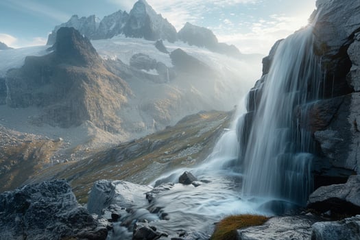 A waterfall flows down a mountain side photo