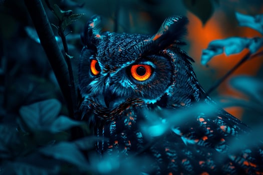 Owl in the Dark with Glowing Eyes, Background photo