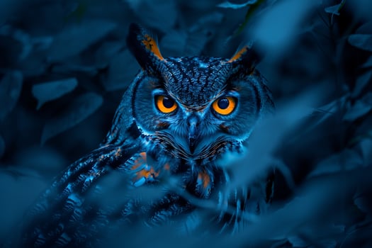 Owl with Bright Orange Eyes Sitting in the Dark, Background photo