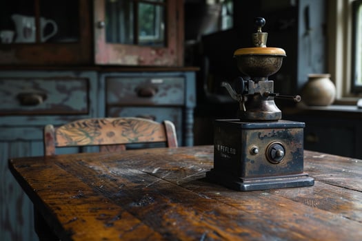An old coffee grinder sits on a wooden table background photo