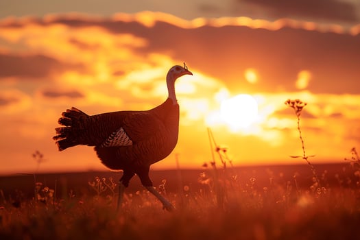 Turkey walking in the grass at sunset Background photo