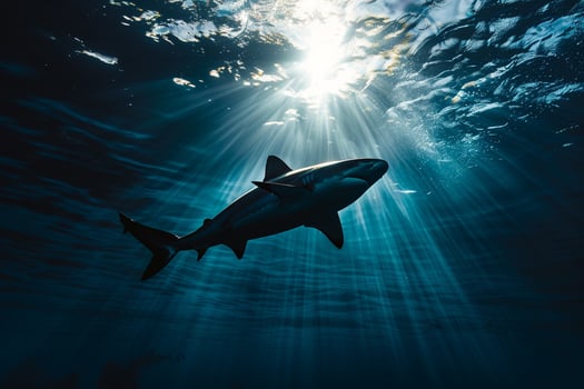 Shark swimming in the ocean with sunlight shining through Background photo