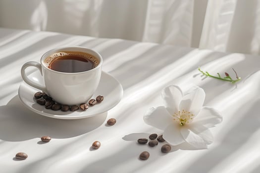 A cup of coffee and flowers on a white table background photo
