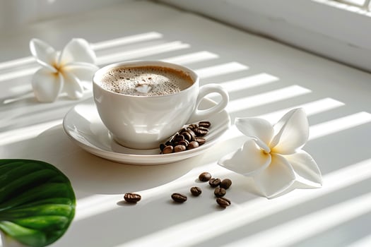 Coffee and flowers on a white table background photo