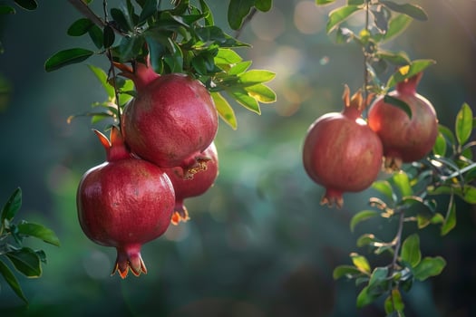 Pomegranate fruit on tree with sunlight background photo