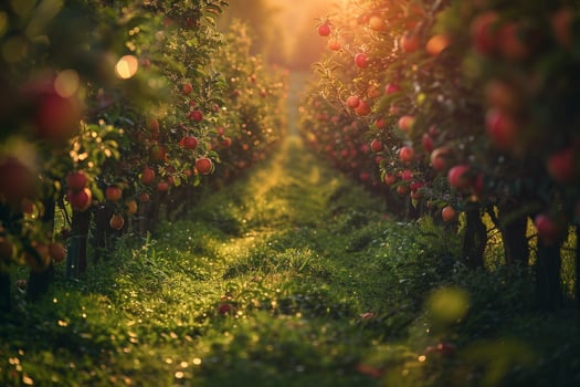 Apple orchard with rows of red apples background photo