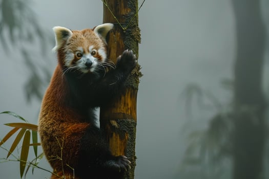 Red Panda Climbing Bamboo Tree Background Nature photo