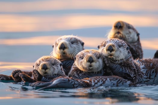 Four Sea Otters Swimming Together in Water Background photo