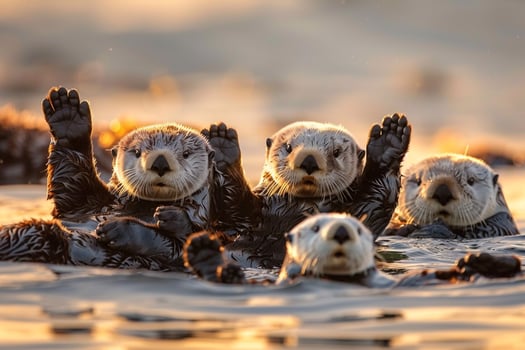 Four Sea Otters Waving Hands in Water Background photo
