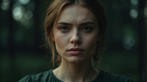 A woman holds a small mirror Her face looks sad, with natural makeup The background is dark green. photo