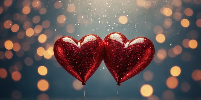 Celebration bokeh background Two red hearts with glitter, valentine, couple love, romance, banner or background for celebration events. photo