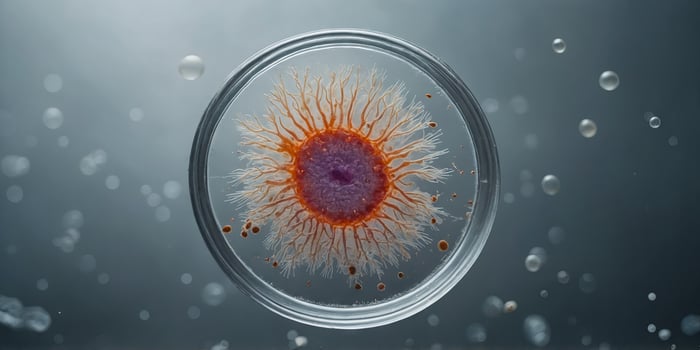 Close-up of a petri dish with bacterial growth. photo