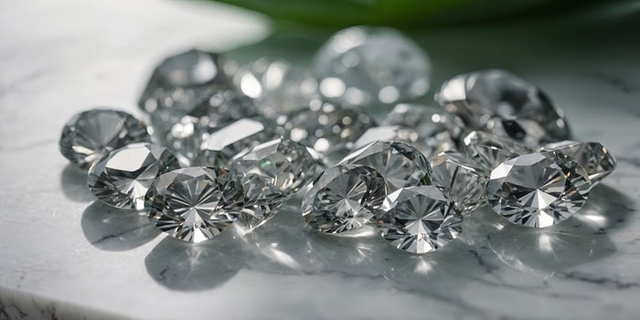 Close-up of a pile of diamonds on a white marble table with a green leaf in the background. photo