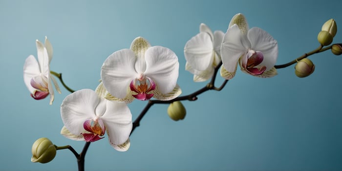 Closeup of white orchids on pastell blue background. photo
