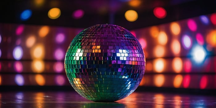 Colorful disco ball on dance floor with blurred lights background. photo