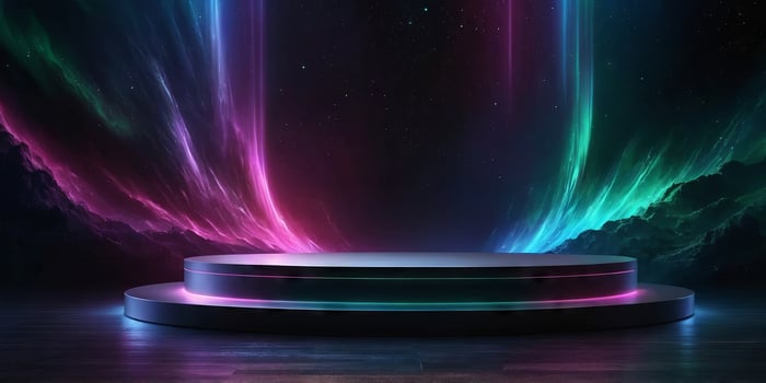 Dazzling aurora background with a sleek dark podium creating a mesmerizing scene for showcasing exclusive and luxury products. . photo