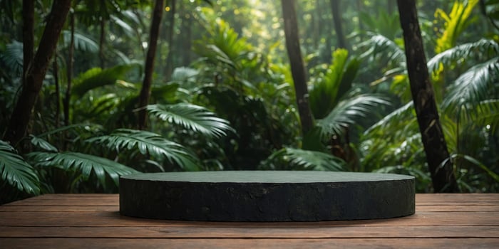 Dark podium in tropical forest for product presentation and green background. photo