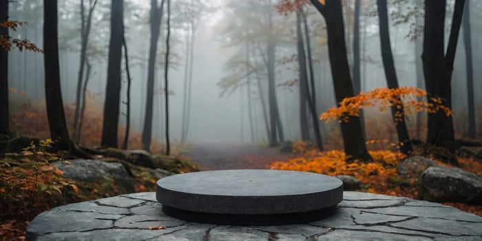 Empty round black podium on a stone platform with a blurred background of autumn forest and fog in cloudy weather For product display. photo