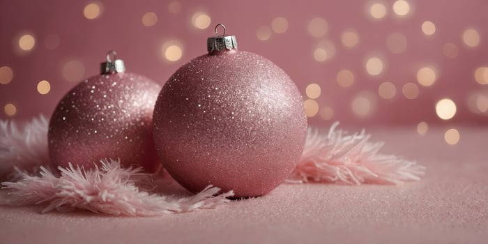 Fluffy pink Christmas on pink wall background with copy space. photo