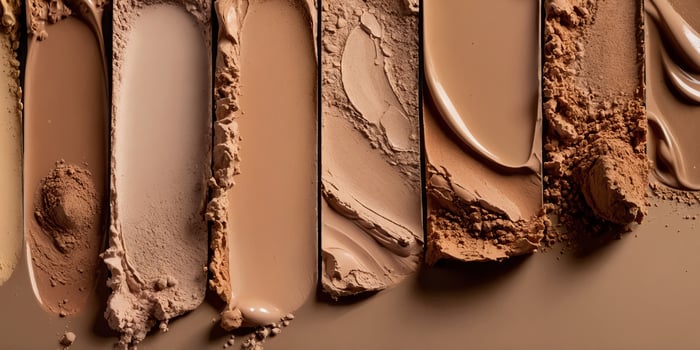 Foundation swatches from light to dark with a mix of powder and liquid foundation products. photo
