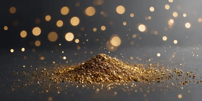 Gray minimalistic background with gold bokeh lights and gold dust Copy space. photo