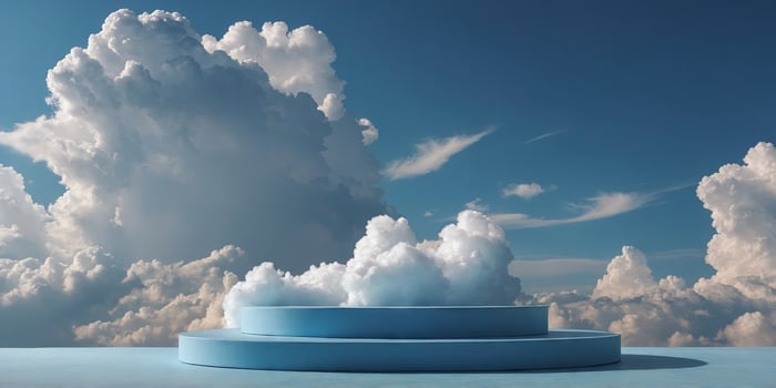 Light blue Plinth stage with fluffy clouds Podium background for product display. photo