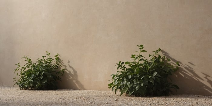 Minimalistic beige background with pebbles and foliage shadows on concrete wall Modern mockup backdrop in neutral colors. photo