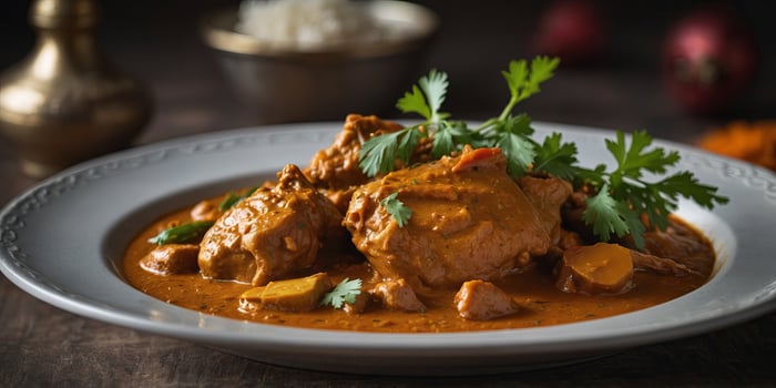 Traditional, comforting full chicken curry dish with authentic recipe, beautifully presented with a blurred background. photo